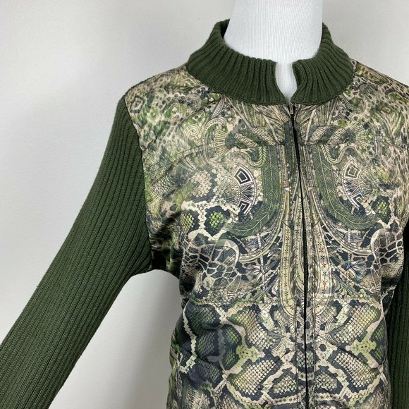 One World Sweater Jacket XL Full Zip Ribbed Knit Printed Green Long Sleeve - Picture 2 of 12